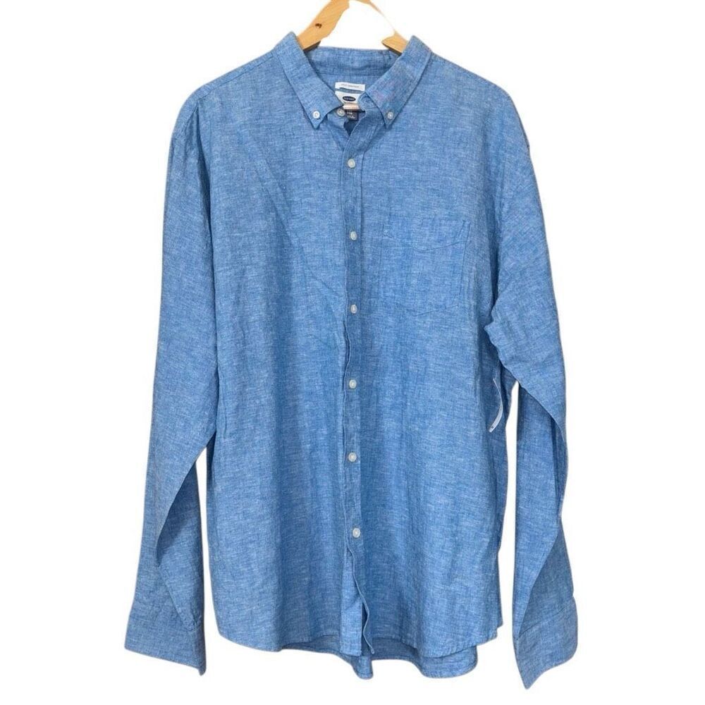 Old navy linen blend long sleeve button down shirt blue XXL new